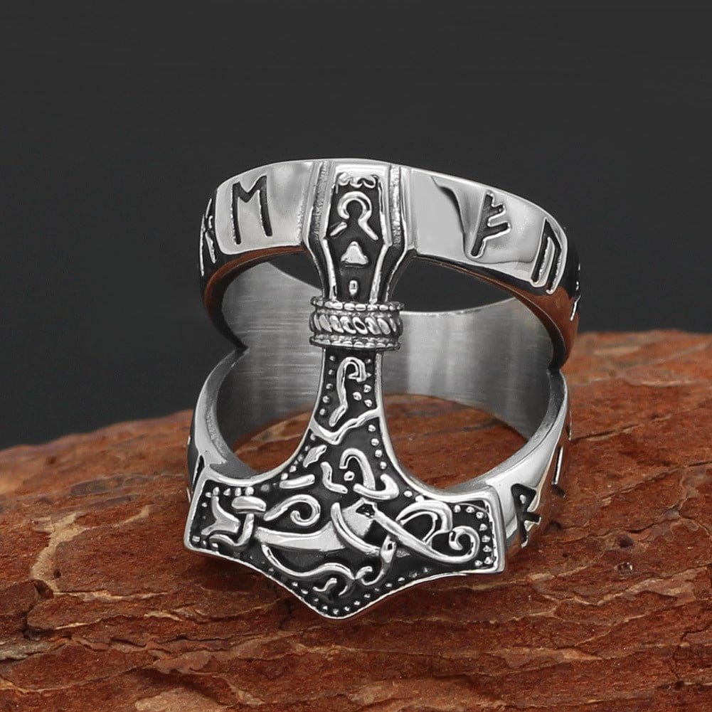 bague viking marteau de thor en acier inoxydable finition argenté