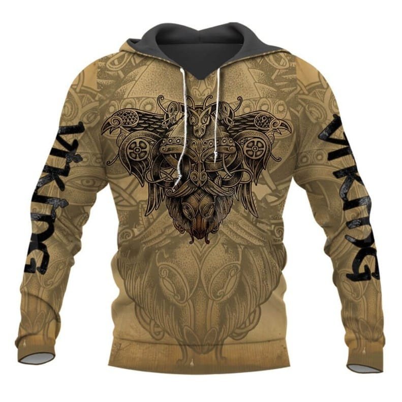 Sweat viking beige motif viking et corbeau