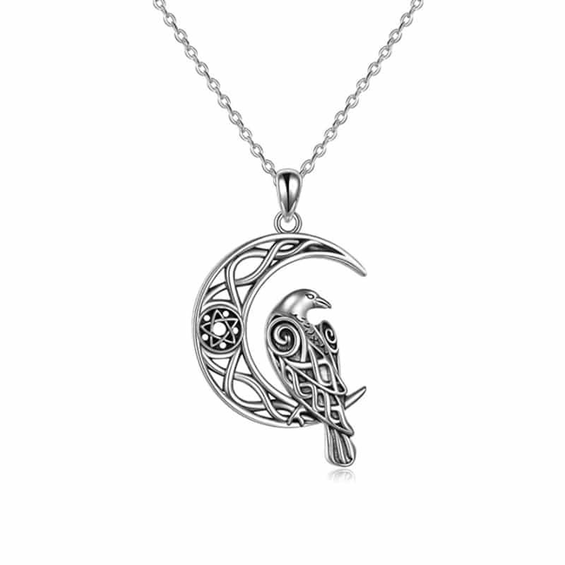 Pendentif corbeau et lune viking en alliage de zinc