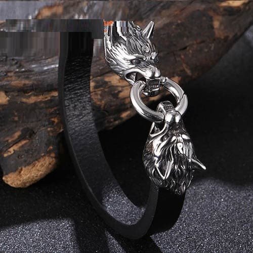 Bracelet viking à têtes de dragons en acier inoxydable et cuir flexible