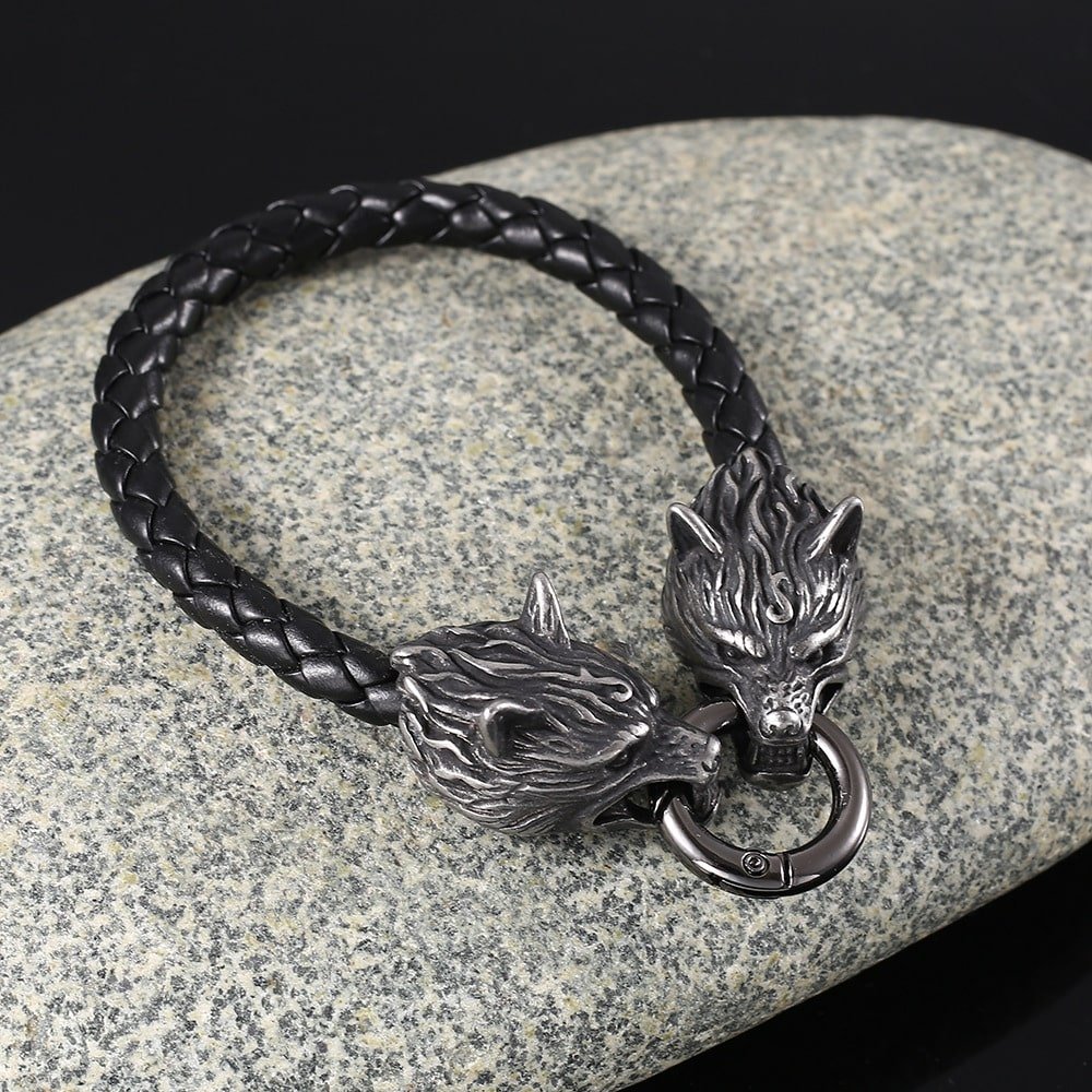 Bracelet viking en cuir et fermoir tête de loup en acier inoxydable