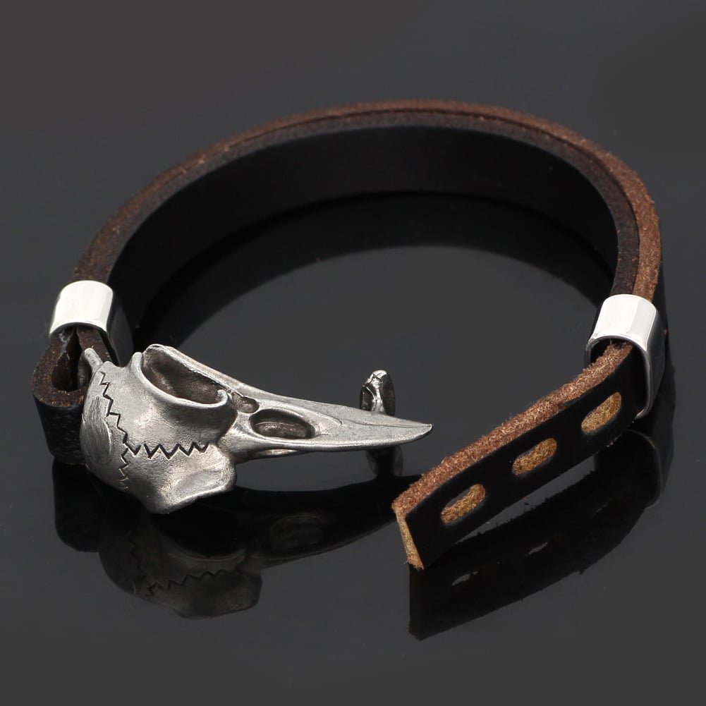 Bracelet Viking Tête de Loup en cuir marron foncé