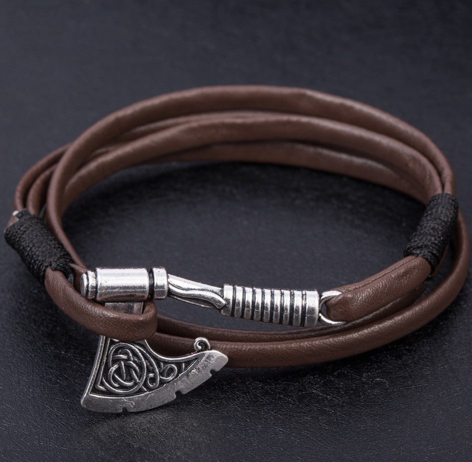 Bracelet Viking Hâche en Cuir motif nordique