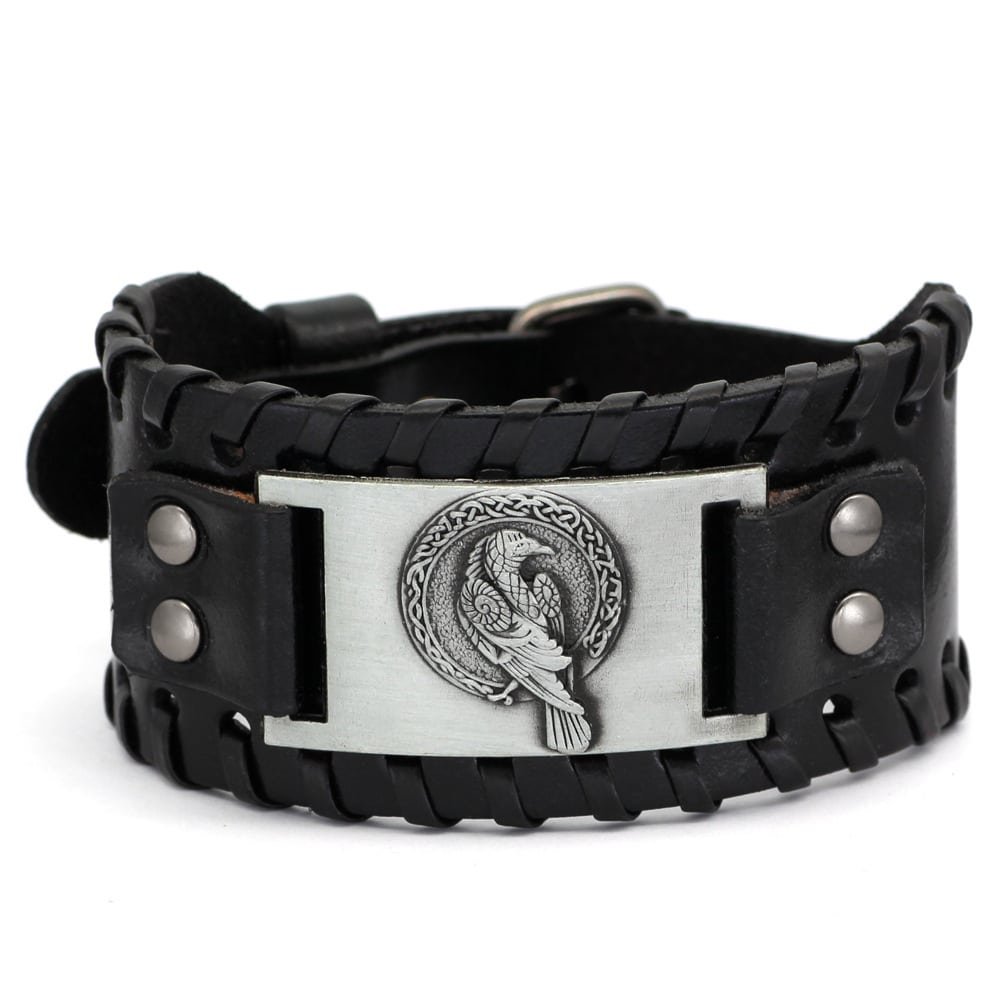 Bracelet Viking Cuir et Métal Motif Oiseau couleur argent