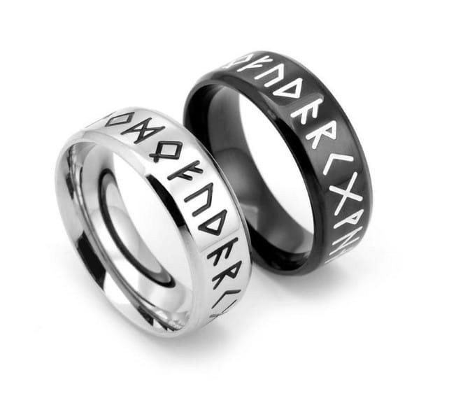 Bague Viking Runes en Acier Inoxydable argenté et noir