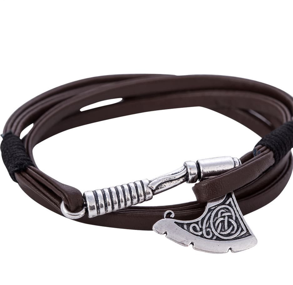 Bracelet Viking Hâche en Cuir marron tressé