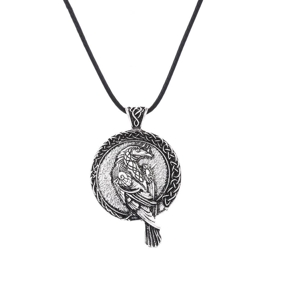 Pendentif Viking Motif corbeau argenté avec corde en cuir