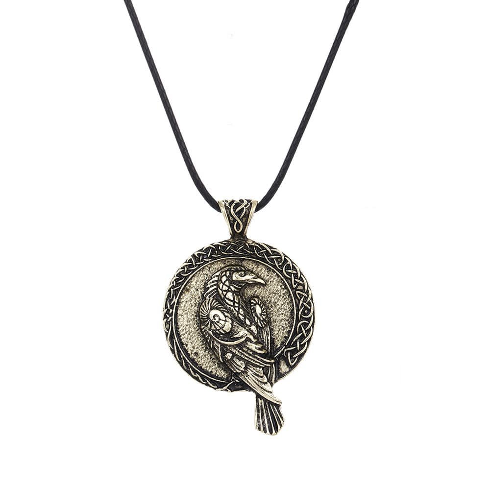 Pendentif Viking Motif corbeau bronze avec corde en cuir