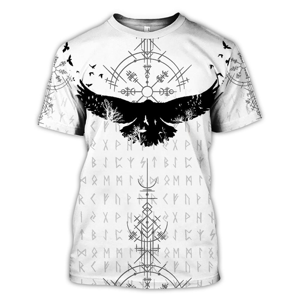 T-shirt Viking Skull blanc avec corbeau noir