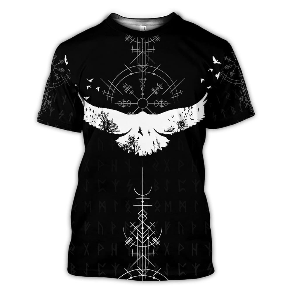 T-shirt Viking Skull noir avec corbeau blanc