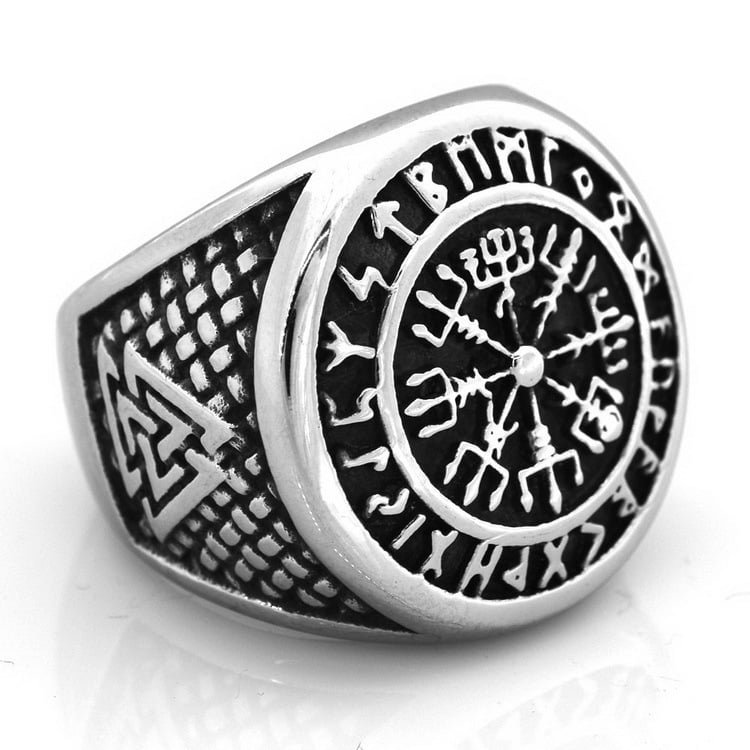 Chevalière viking en acier inoxydable avec motif Vegvísir et runes