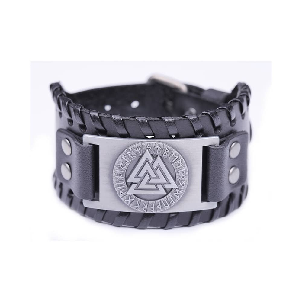 Bracelet Viking en cuir avec symbole Valknut noir et acier