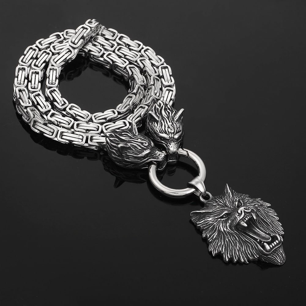 Collier viking tête de loup en acier robuste