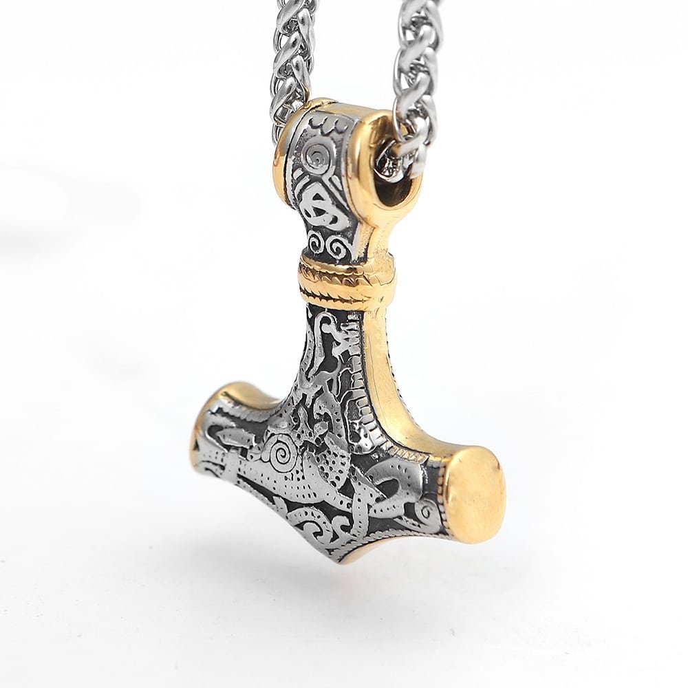 Pendentif viking Mjölnir en acier inoxydable avec chaîne doré