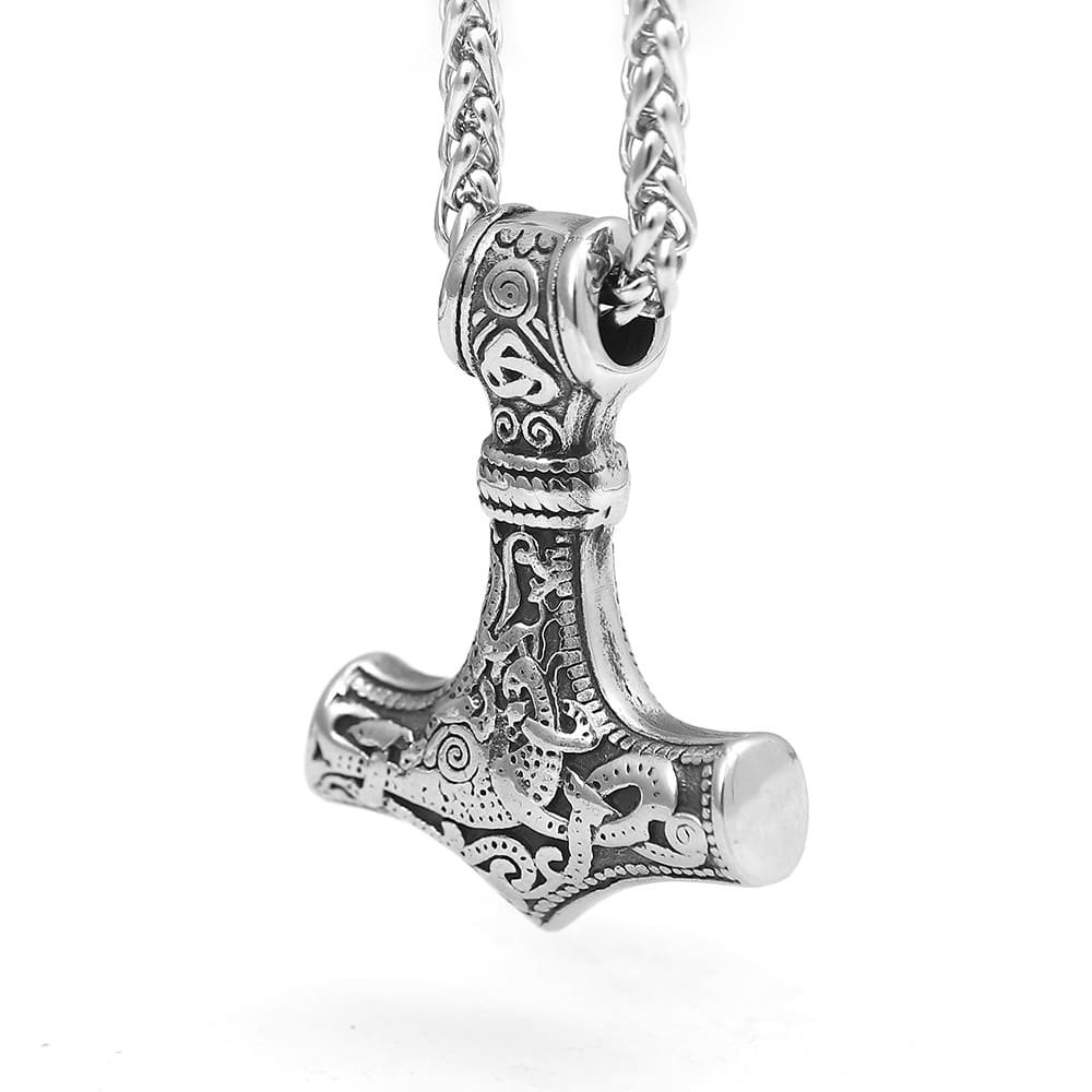 Pendentif viking Mjölnir en acier inoxydable avec chaîne argenté