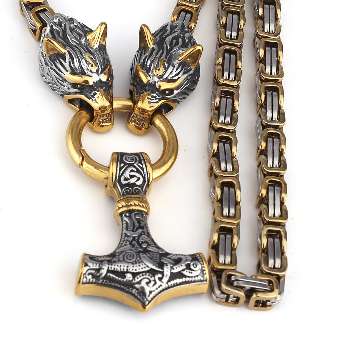 Collier viking tête de loup et marteau avec chaine