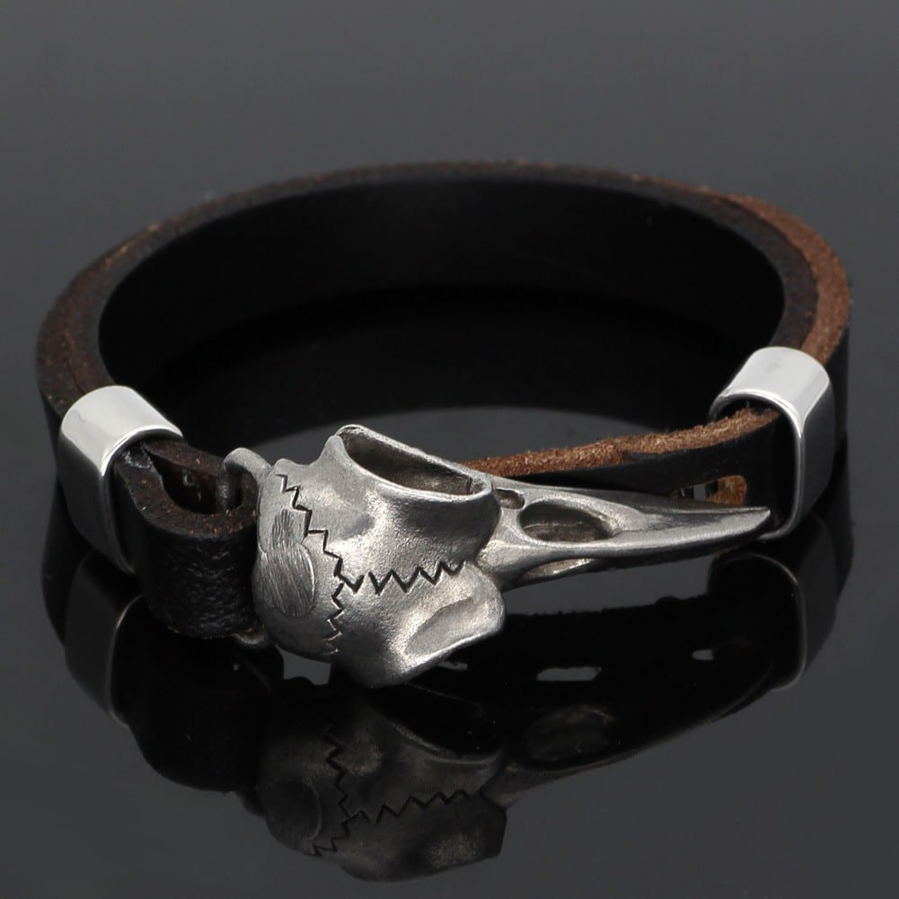 Bracelet Viking Tête de Loup en cuir marron foncé