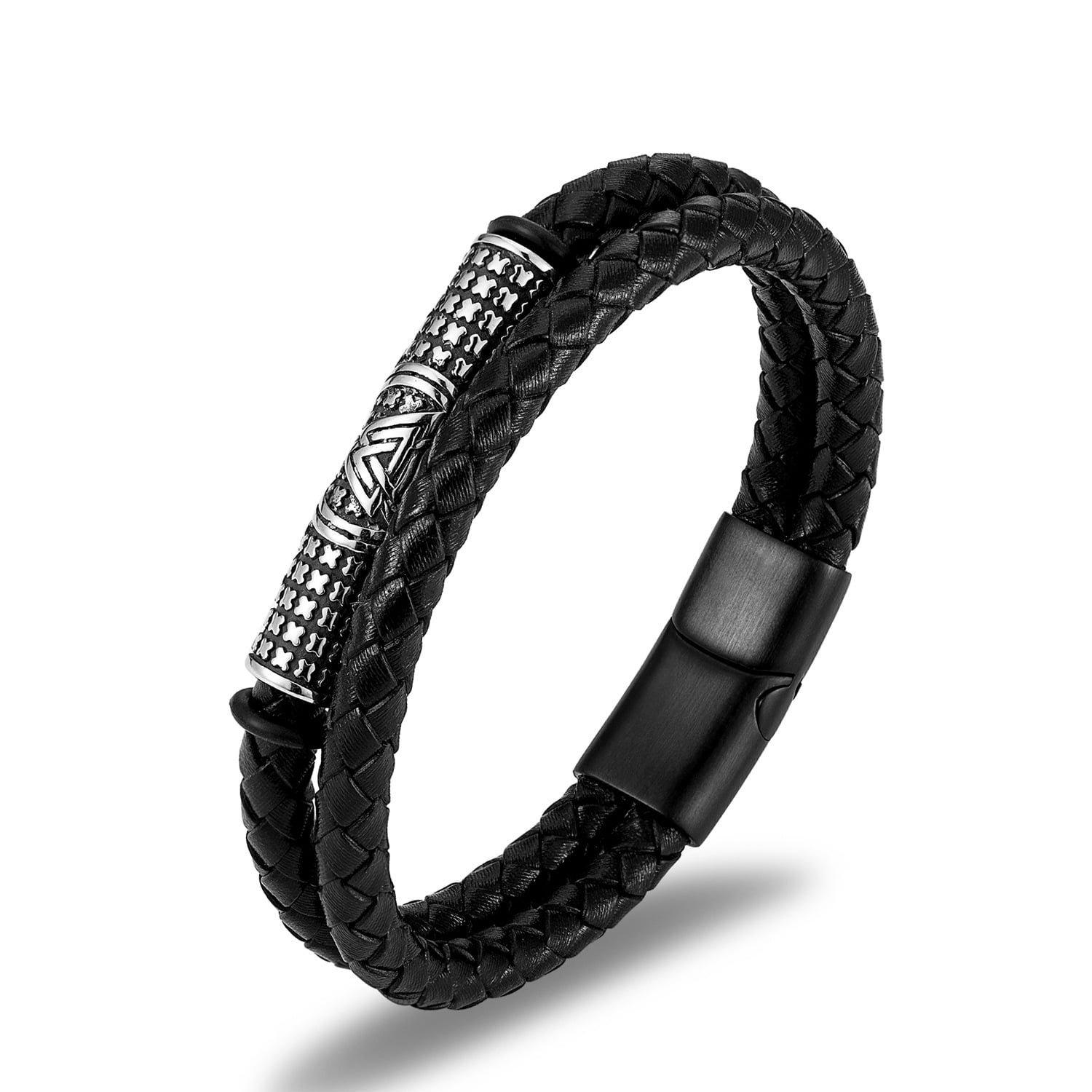 Bracelet viking en cuir noir avec motif en damier et détails en acier inoxydable pour homme