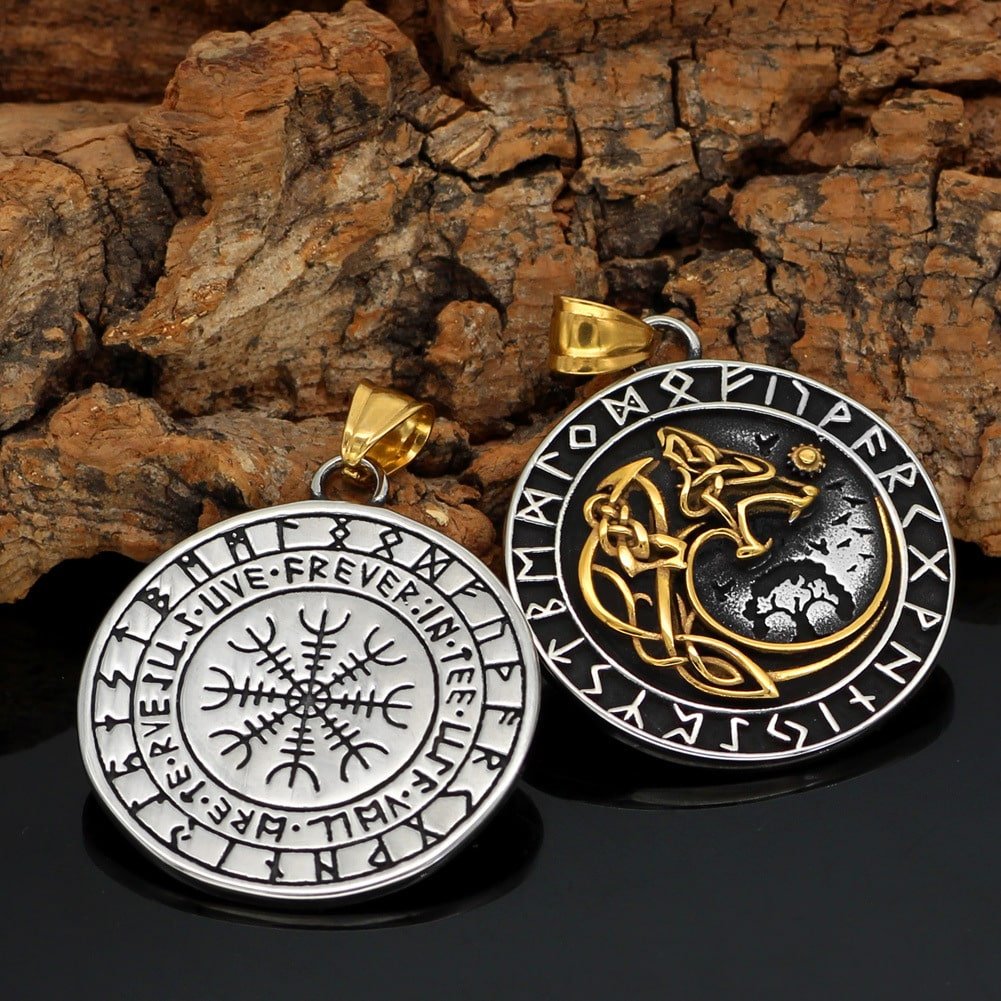 Pendentif Viking Loup motif argenté et doré