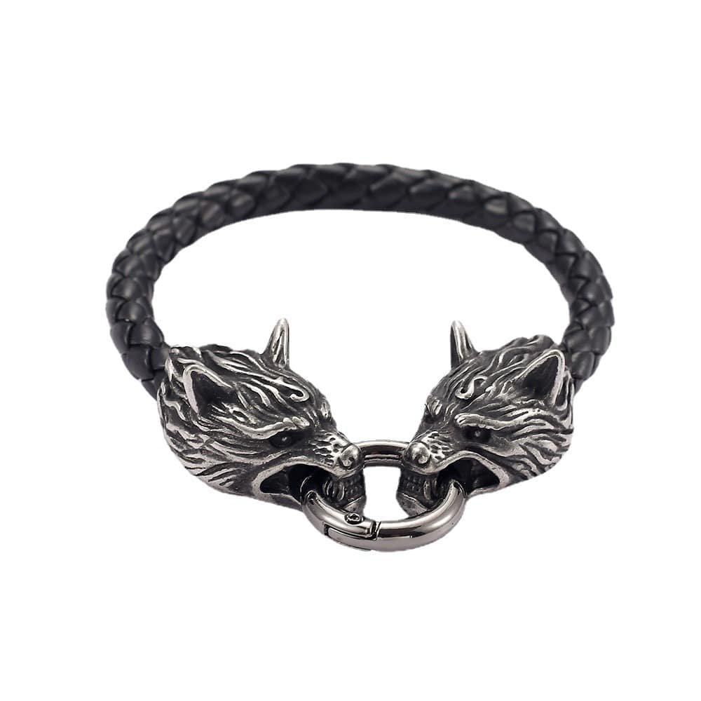 Bracelet viking en cuir et fermoir tête de loup en acier inoxydable