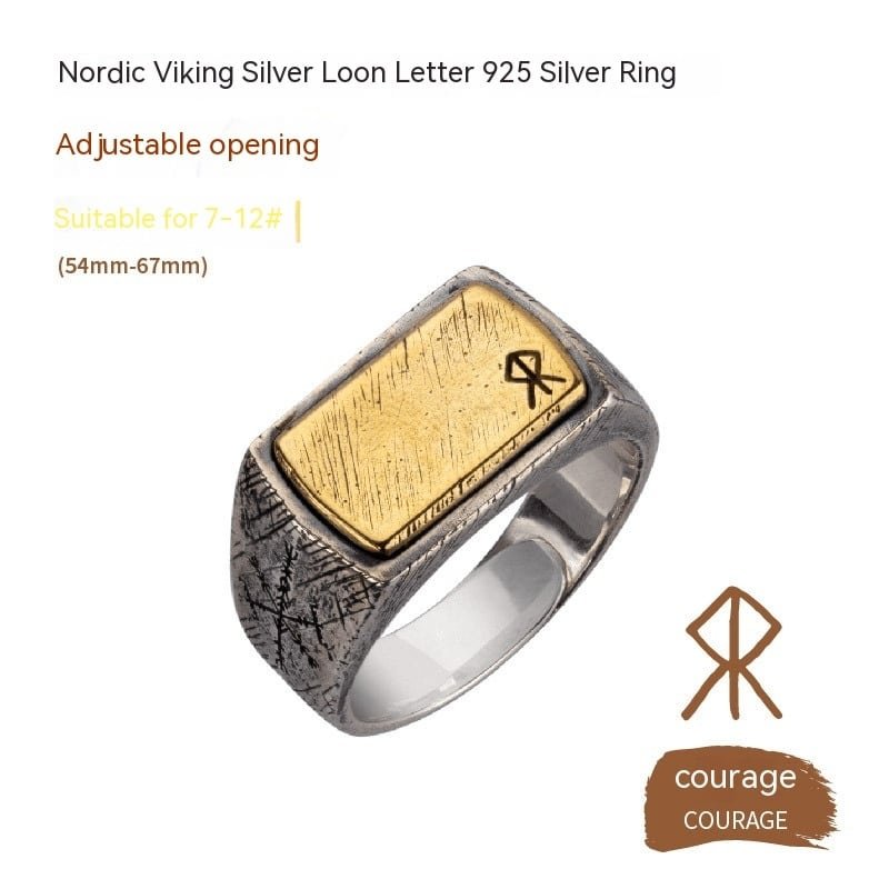 Bague viking rectangulaire en argent avec symbole courage