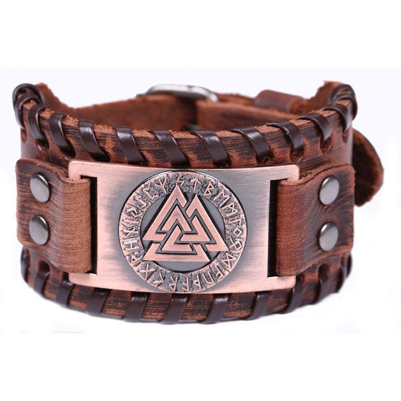 Bracelet Viking en cuir avec symbole Valknut marron et cuivre