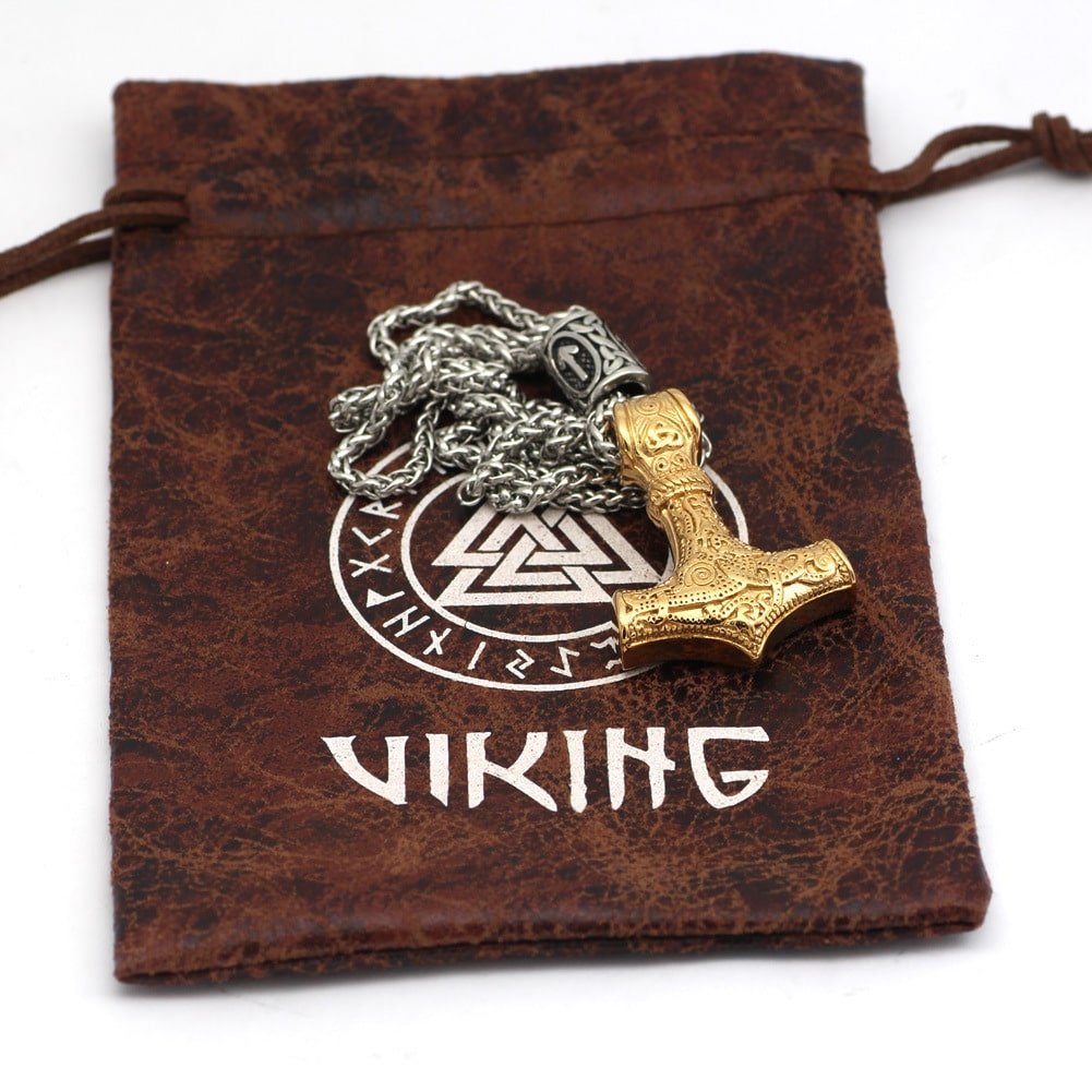 Pendentif Viking Marteau de Thor avec Dragon avec pochette