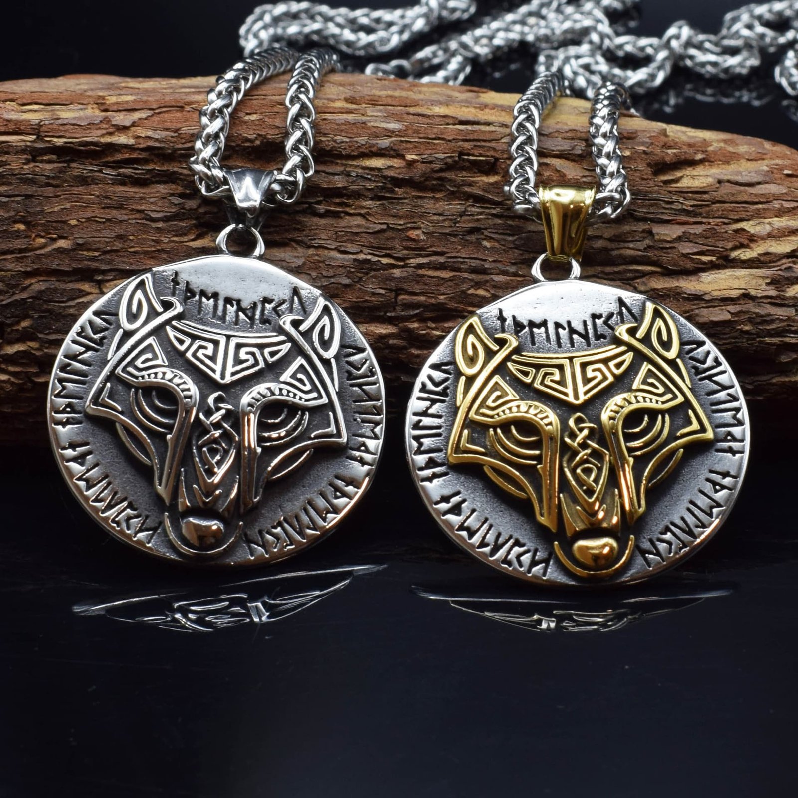 Pendentif Viking Tête de Loup doré et argenté