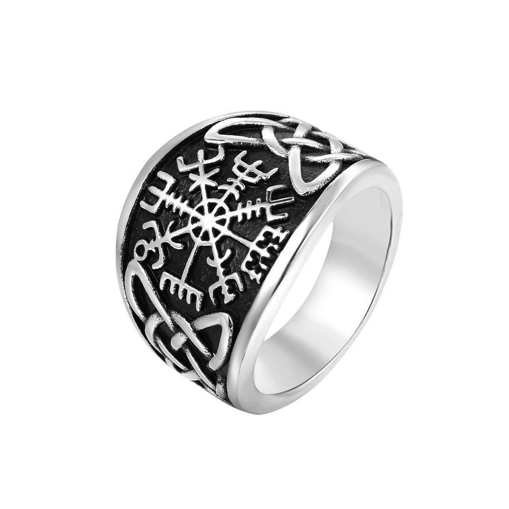 Chevalière viking en acier titane avec motif celtique et runique argent