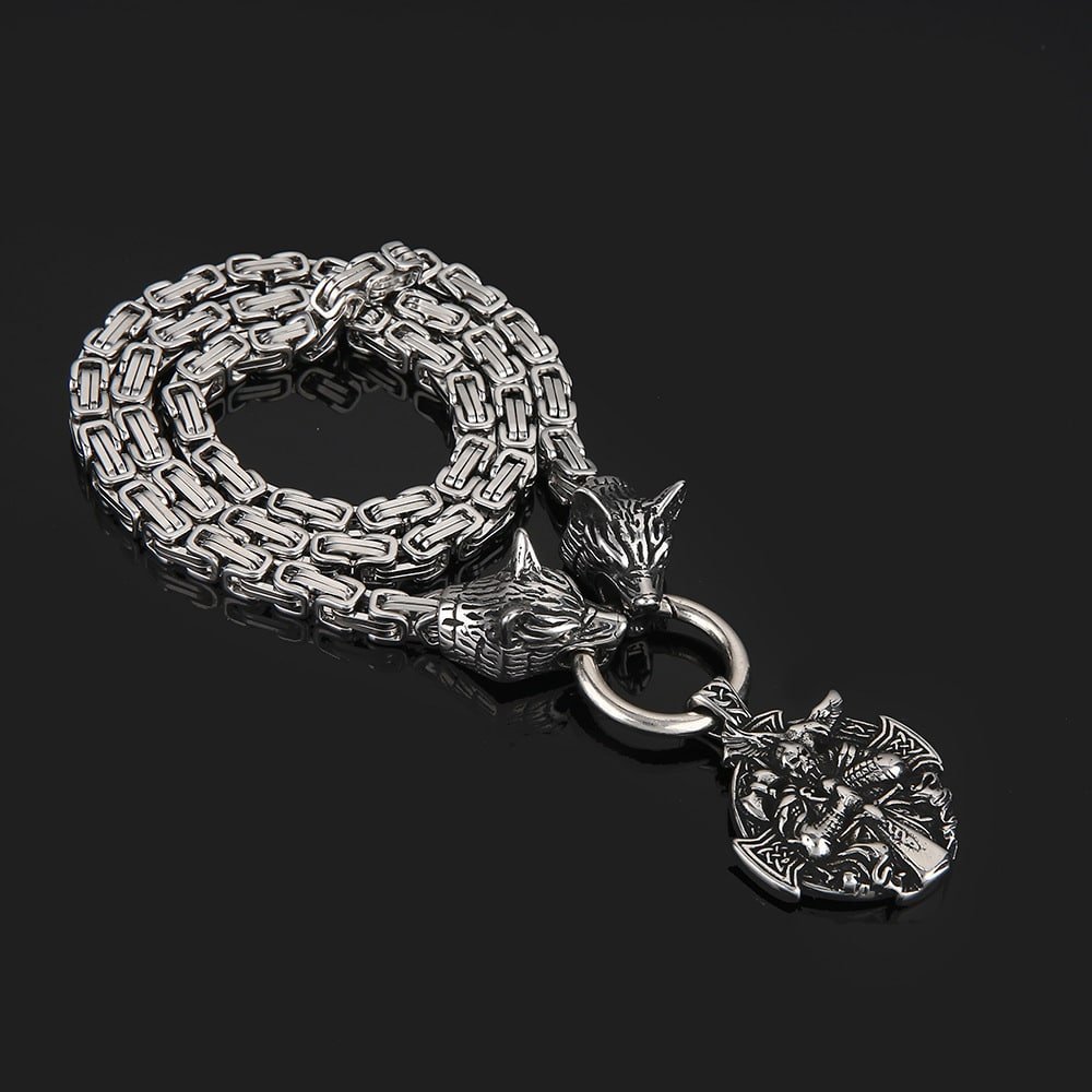 Collier Viking Tête de Loup et Croix Acier Inoxydable vintage