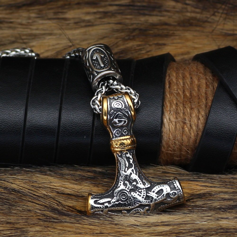 Pendentif Viking Marteau de Thor avec Dragon doré et argenté