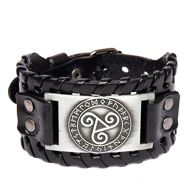 Bracelet viking en cuir avec symbole triquetra et runes couleur argenté