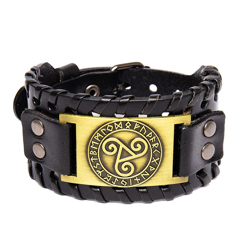 Bracelet viking en cuir avec symbole triquetra et runes couleur or