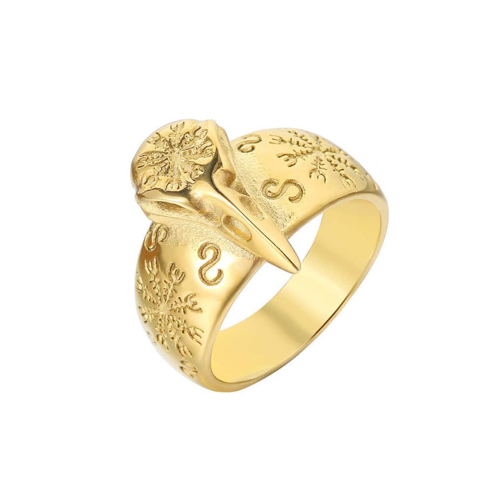 Bague viking en acier inoxydable avec motif tête de corbeau couleur or