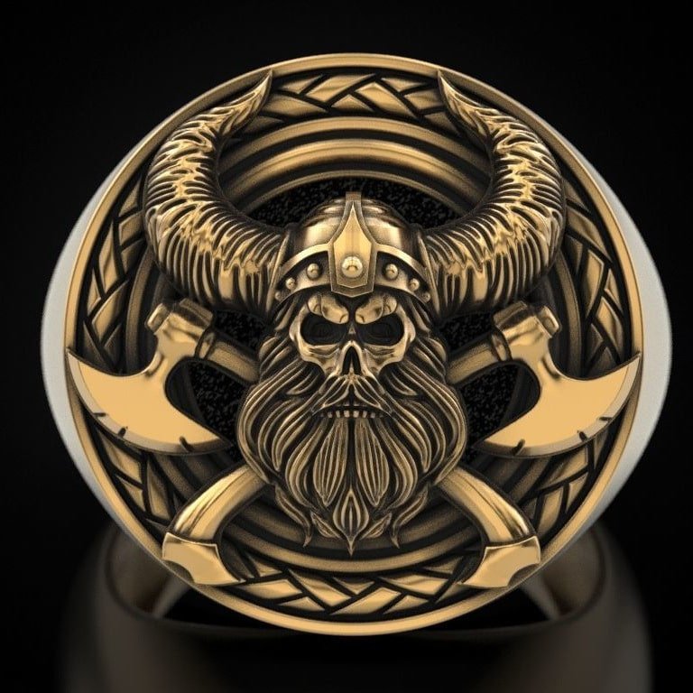 Chevalière viking tête de mort à cornes couleur cuivre