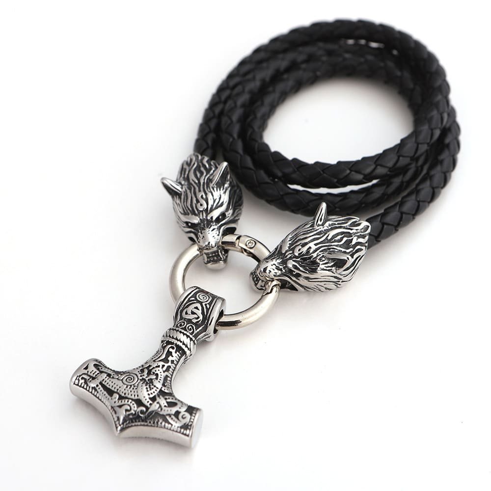 Pendentif viking marteau de Thor avec têtes de loup en acier inoxydable argenté