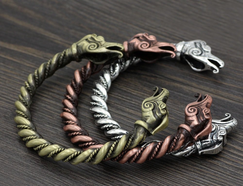 Bracelet Viking Tête de Loup couleur or, cuivre et argenté