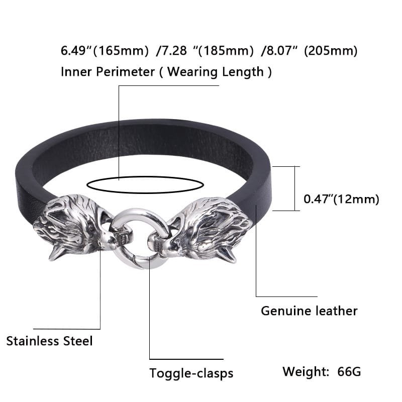 Bracelet viking à têtes de dragons en acier inoxydable et cuir détail