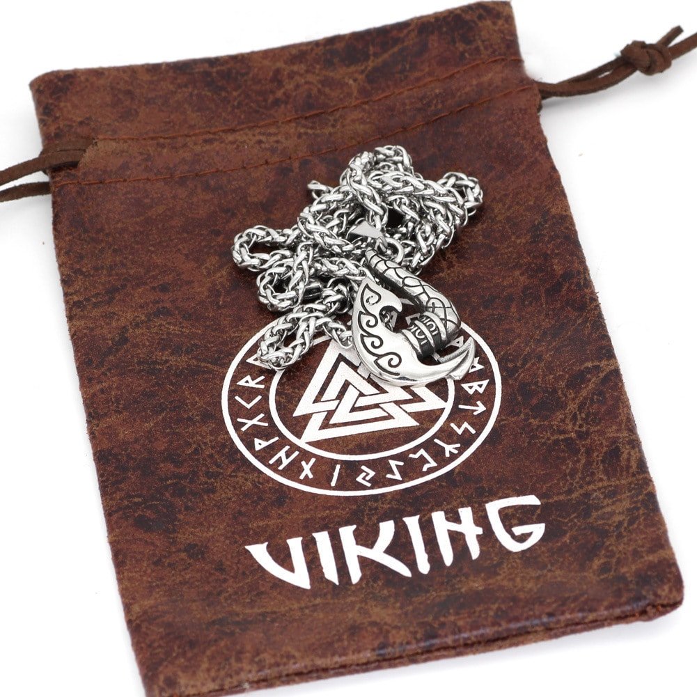 Pendentif viking en forme de crochet en acier titane avec pochette