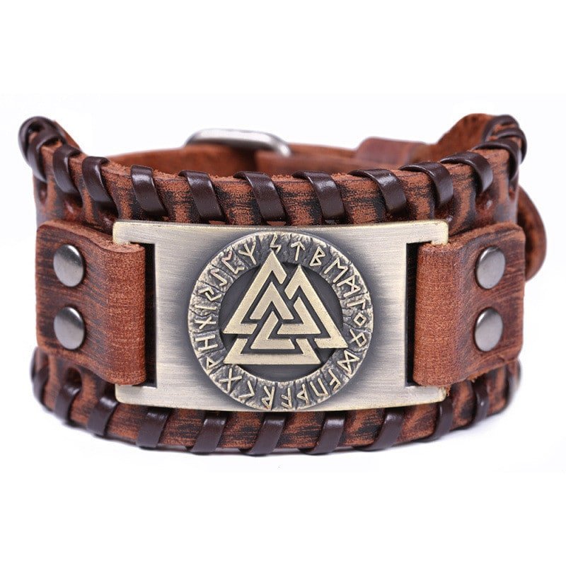 Bracelet Viking en cuir avec symbole Valknut marron et or