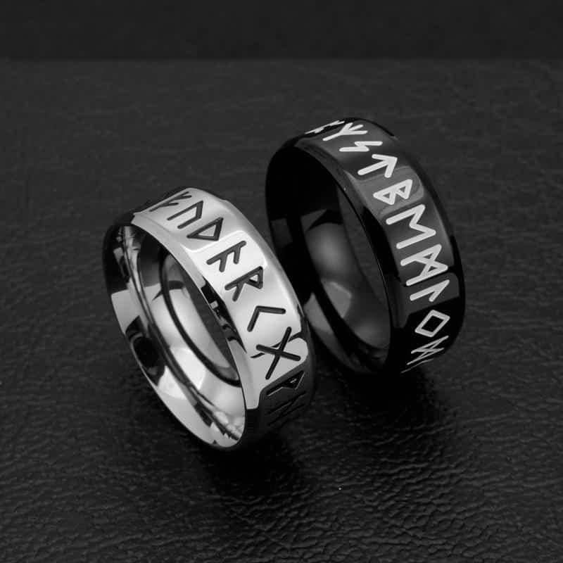 Bague Alliance Viking Runes Nordiques acier et noir