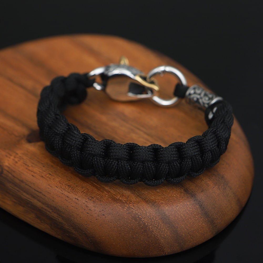 Bracelet Viking Tête de Loup en Acier Inoxydable et Paracord Noir