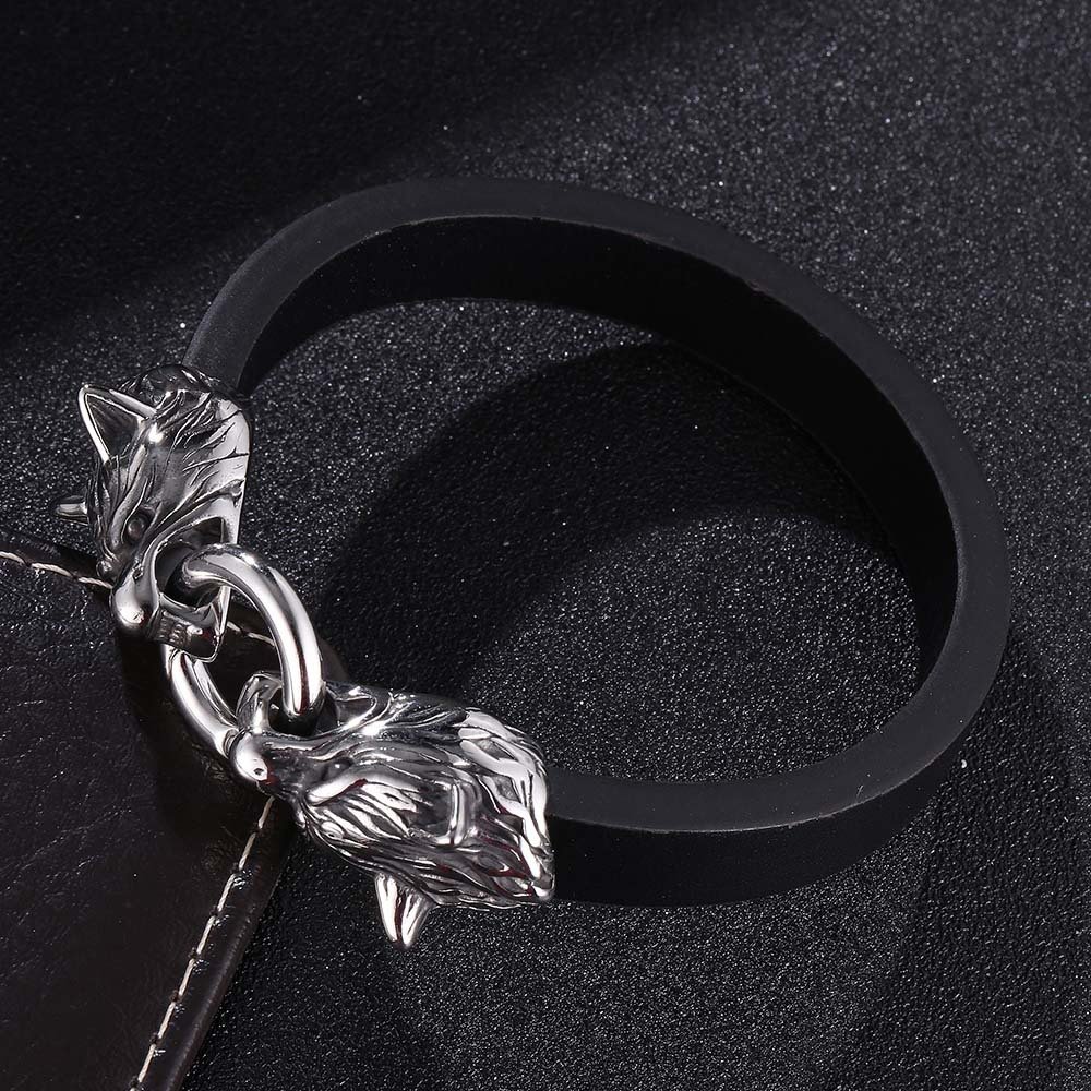 Bracelet viking à têtes de dragons en acier inoxydable et cuir