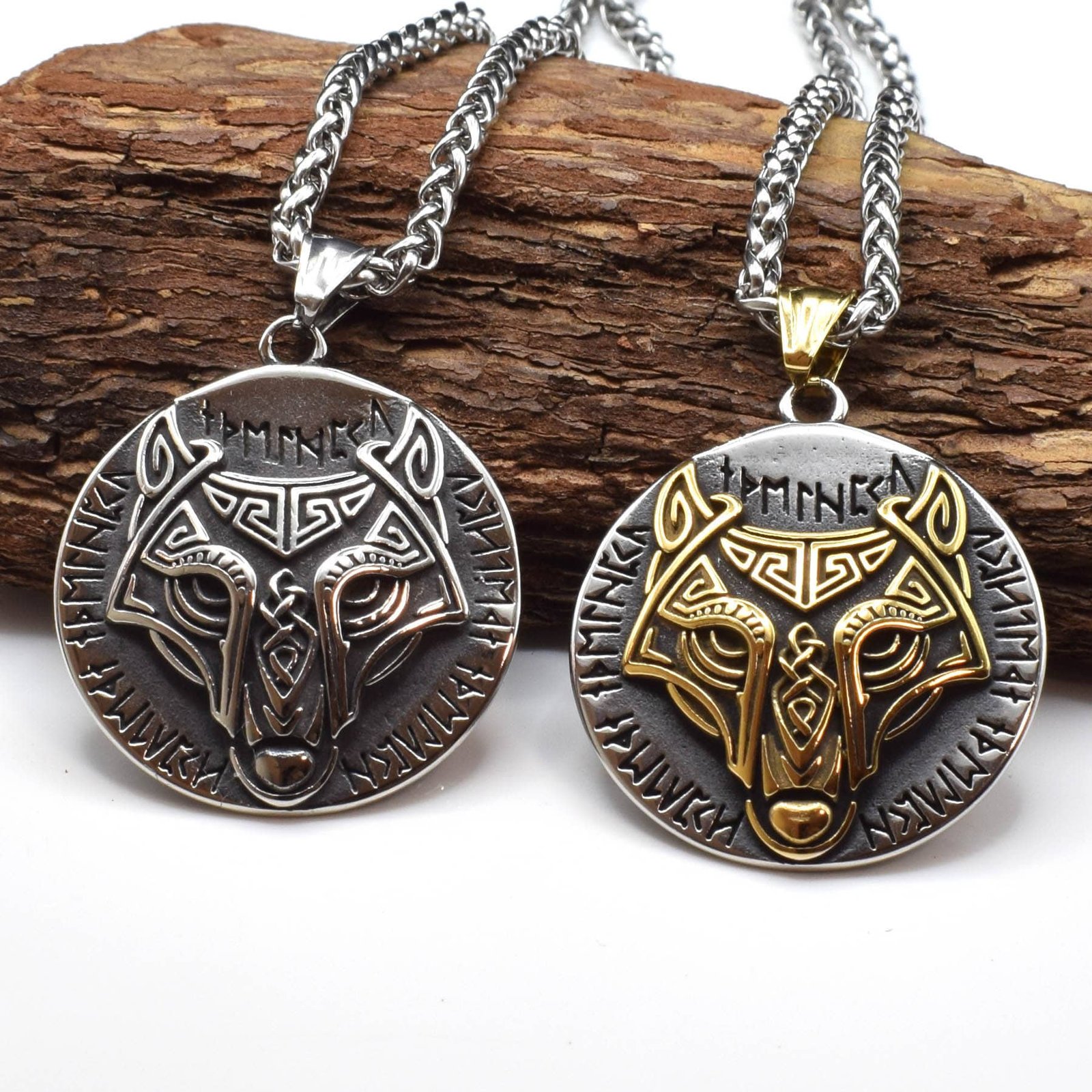 Pendentif Viking Tête de Loup doré et argenté avec chaine