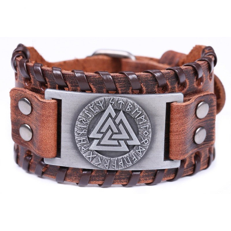 Bracelet Viking en cuir avec symbole Valknut marron et acier