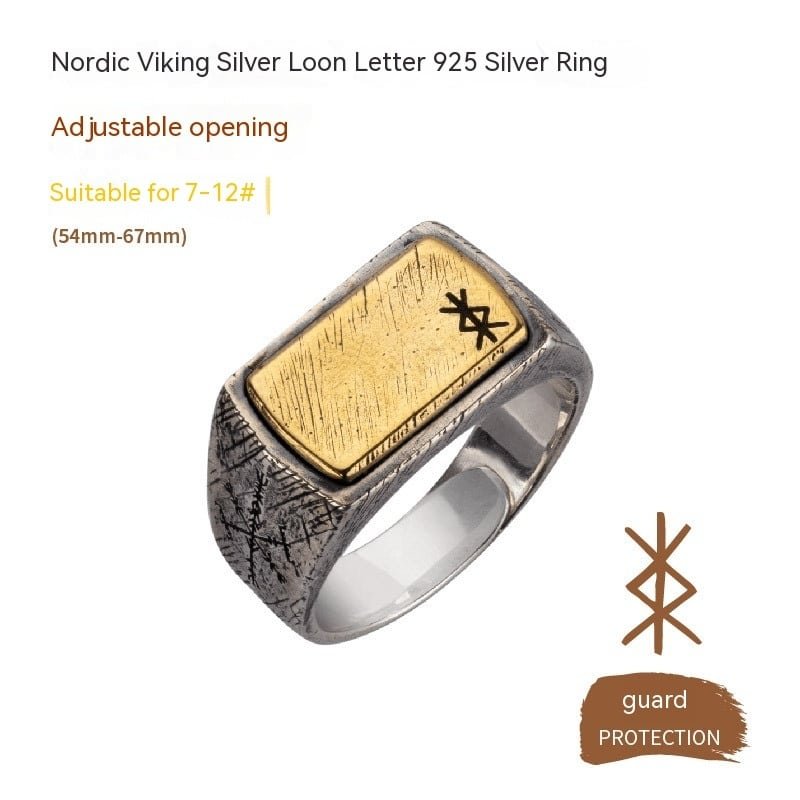 Bague viking rectangulaire en argent avec symbole protection