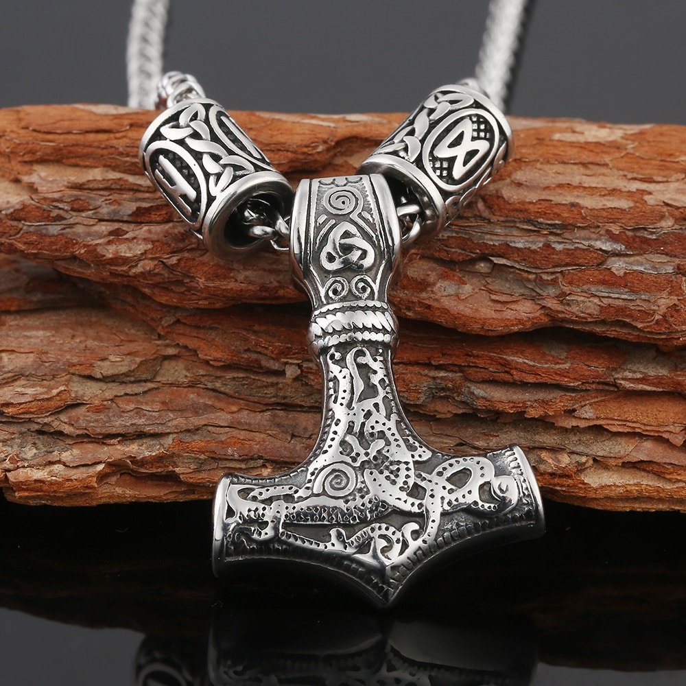 Pendentif viking Mjölnir en acier inoxydable avec chaîne pour homme