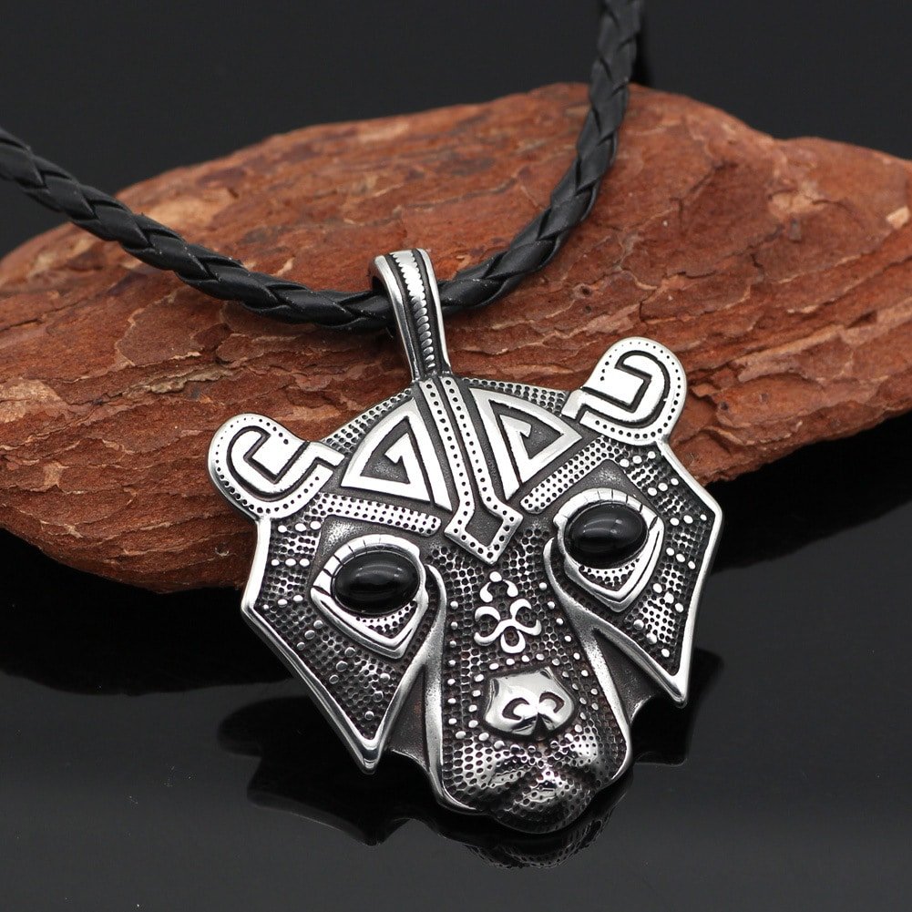 Pendentif Viking Tête d'Ours Acier Inoxydable et Pierres noir