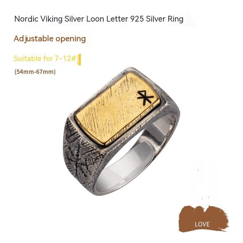 Bague viking rectangulaire en argent avec symbole love