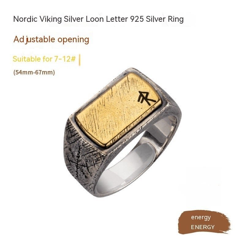 Bague viking rectangulaire en argent avec symbole energie